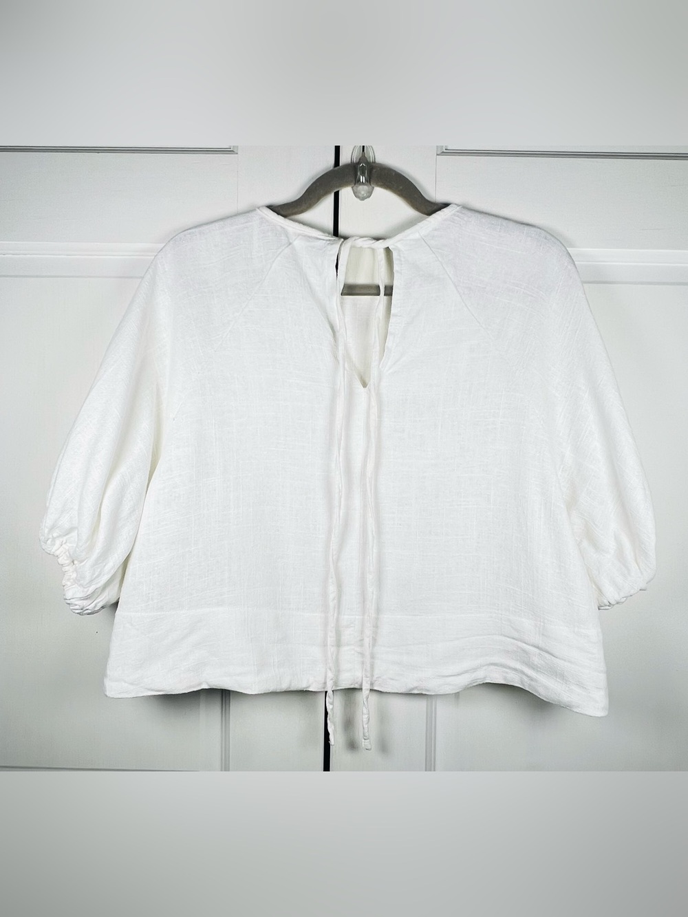 House Of Harlow 1960 Women's White Linen Short Puff Sleeve Crop Top Size XS - Picture 3 of 9